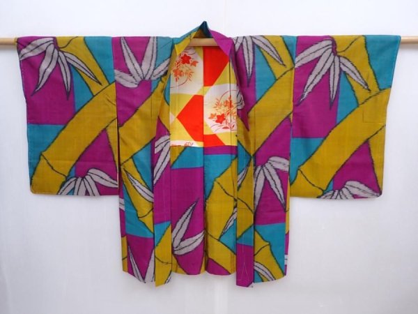 Photo8: 5910T07z550 Vintage Japanese Kimono Silk HAORI Bamboo grass Yellow ochre (8)