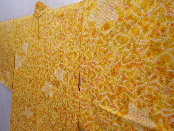 Photo2: 5910T08z520 Vintage Japanese Kimono Silk SHIBORI HAORI Dark yellow (2)