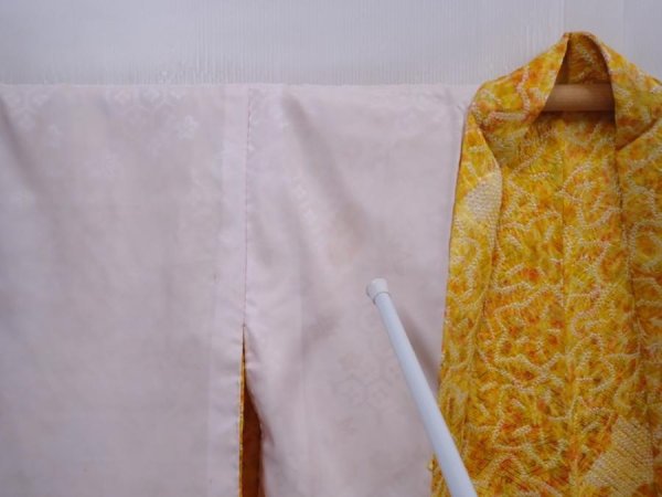Photo8: 5910T08z520 Vintage Japanese Kimono Silk SHIBORI HAORI Dark yellow (8)