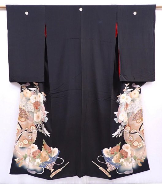 Photo1: 5910T11z640 Antique Japanese Kimono Silk TOMESODE Chrysanthemum Black (1)