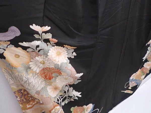 Photo3: 5910T11z640 Antique Japanese Kimono Silk TOMESODE Chrysanthemum Black (3)