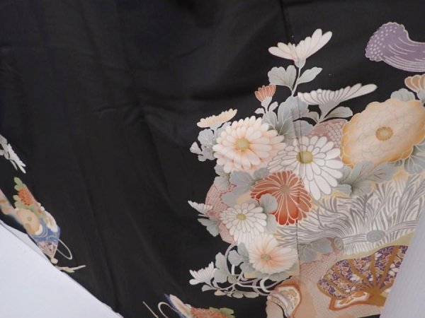 Photo4: 5910T11z640 Antique Japanese Kimono Silk TOMESODE Chrysanthemum Black (4)