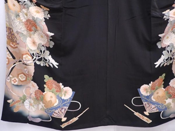 Photo5: 5910T11z640 Antique Japanese Kimono Silk TOMESODE Chrysanthemum Black (5)
