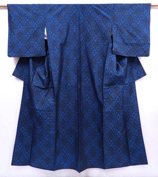 Photo1: 5910T12z610 Vintage Japanese Kimono Silk TSUMUGI Flower Dark blue (1)