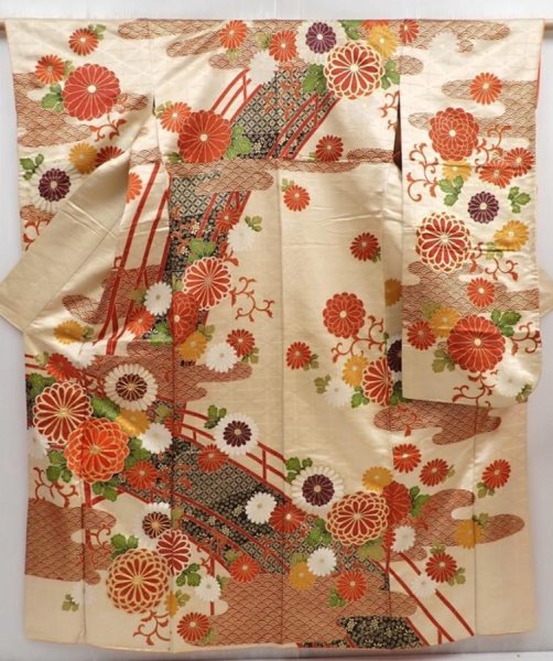 Photo1: 5910T13z1140 Vintage Japanese Kimono Silk FURISODE Chrysanthemum (1)