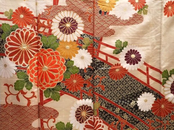 Photo8: 5910T13z1140 Vintage Japanese Kimono Silk FURISODE Chrysanthemum (8)