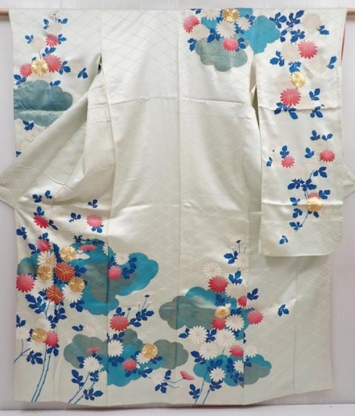 Photo1: 5910T14z960 Vintage Japanese Kimono Silk FURISODE Chrysanthemum Mint-white (1)