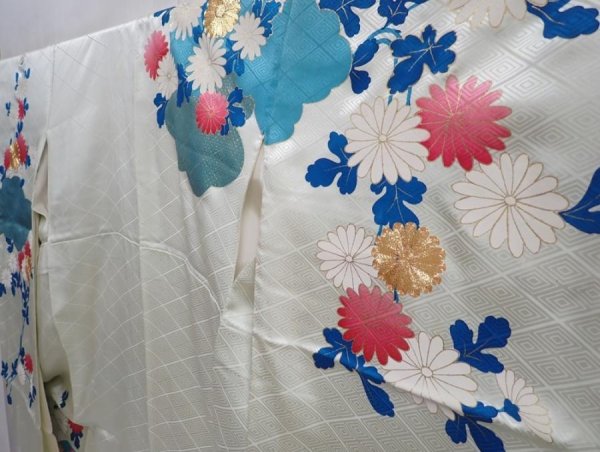 Photo2: 5910T14z960 Vintage Japanese Kimono Silk FURISODE Chrysanthemum Mint-white (2)