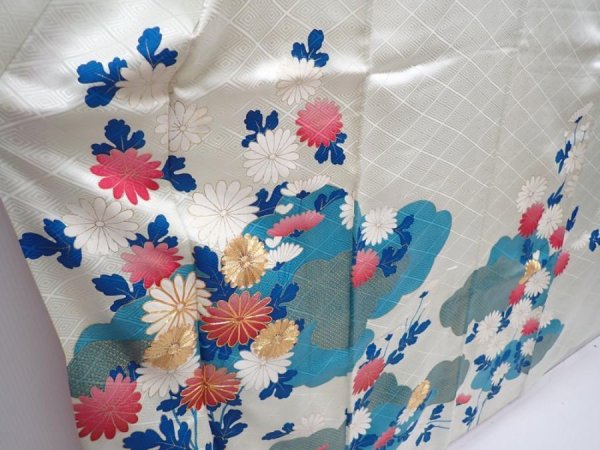 Photo3: 5910T14z960 Vintage Japanese Kimono Silk FURISODE Chrysanthemum Mint-white (3)