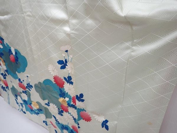 Photo4: 5910T14z960 Vintage Japanese Kimono Silk FURISODE Chrysanthemum Mint-white (4)