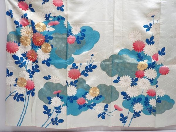Photo5: 5910T14z960 Vintage Japanese Kimono Silk FURISODE Chrysanthemum Mint-white (5)