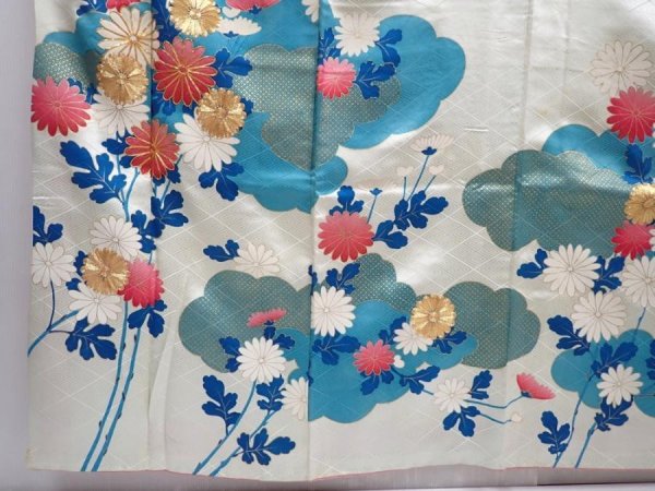 Photo6: 5910T14z960 Vintage Japanese Kimono Silk FURISODE Chrysanthemum Mint-white (6)
