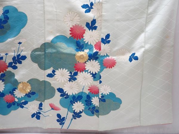 Photo7: 5910T14z960 Vintage Japanese Kimono Silk FURISODE Chrysanthemum Mint-white (7)