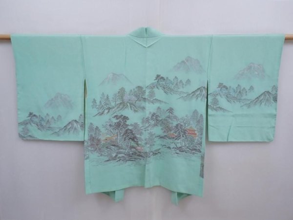 Photo1: 5911T02z440 Vintage Japanese Kimono Silk HAORI Trees Mint green (1)