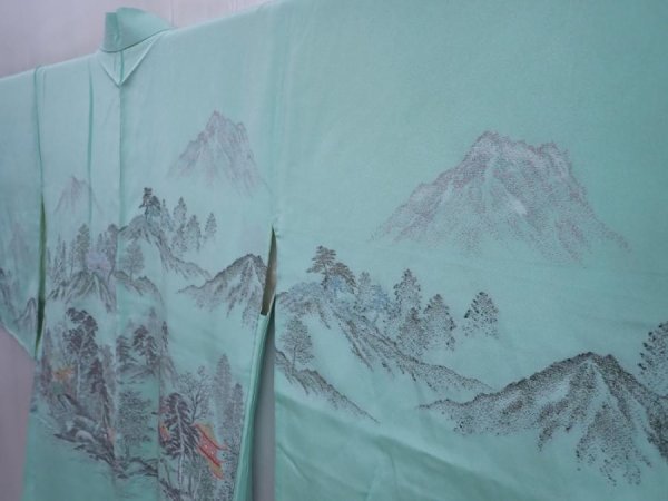 Photo2: 5911T02z440 Vintage Japanese Kimono Silk HAORI Trees Mint green (2)