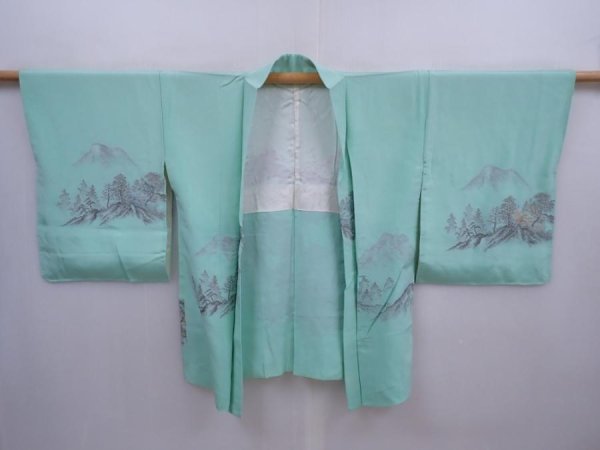 Photo6: 5911T02z440 Vintage Japanese Kimono Silk HAORI Trees Mint green (6)