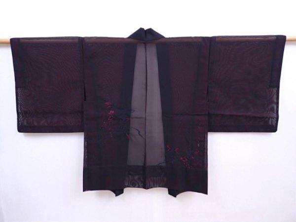 Photo1: 5911T05z210 Vintage Japanese Kimono Silk See through HAORI Flower Black (1)