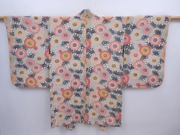Photo1: 5911T06z540 Vintage Japanese Kimono Silk HAORI Chrysanthemum Sand beige (1)
