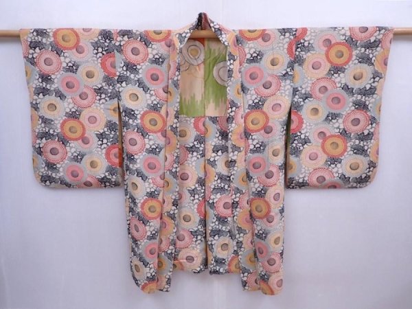 Photo5: 5911T06z540 Vintage Japanese Kimono Silk HAORI Chrysanthemum Sand beige (5)