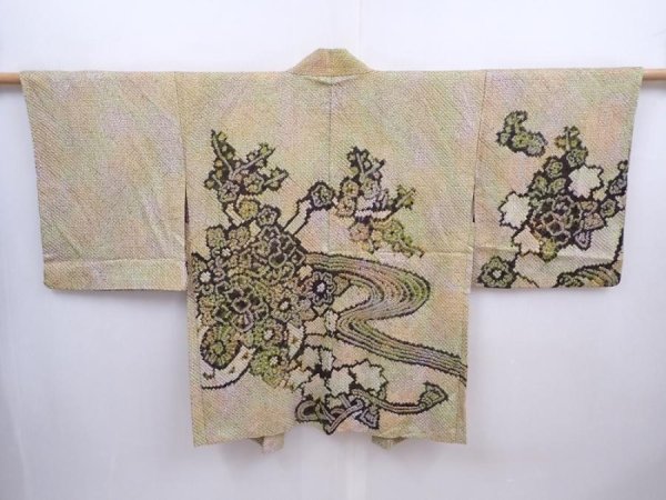 Photo1: 5911T07z530 Vintage Japanese Kimono Silk SHIBORI HAORI Flowers Olive (1)