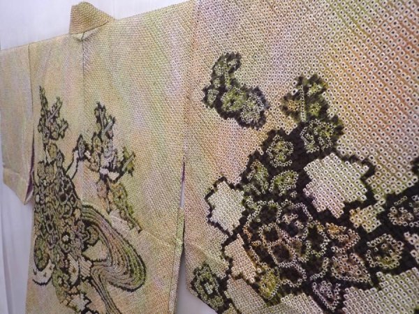 Photo2: 5911T07z530 Vintage Japanese Kimono Silk SHIBORI HAORI Flowers Olive (2)