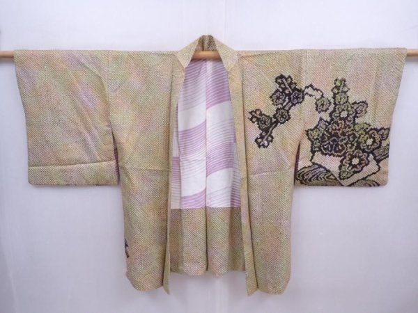 Photo5: 5911T07z530 Vintage Japanese Kimono Silk SHIBORI HAORI Flowers Olive (5)