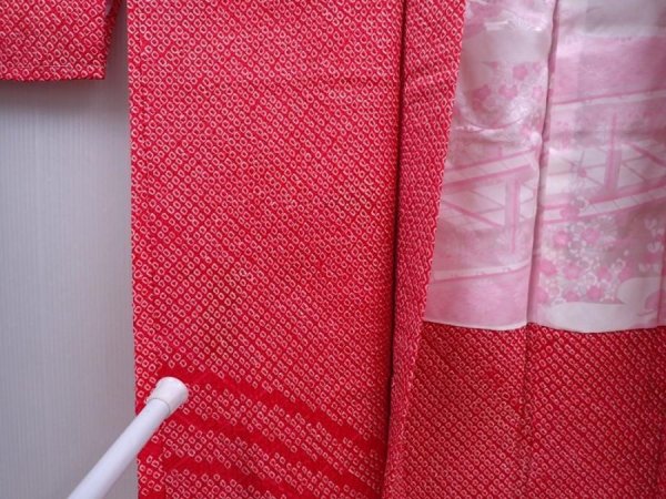 Photo8: 5911T08z490 Vintage Japanese Kimono Silk SHIBORI HAORI Wave Red-Pink (8)