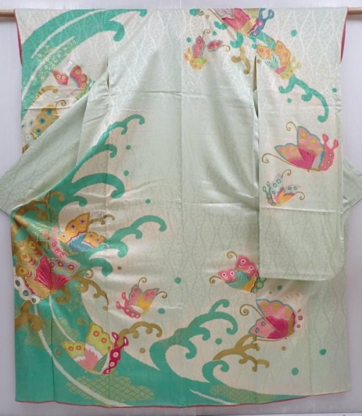 Photo1: 5911T10z930 Vintage Japanese Kimono Silk FURISODE Butterfly Celadon (1)