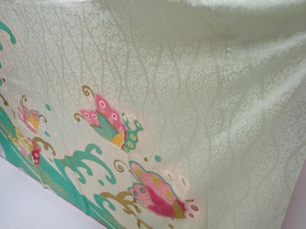 Photo4: 5911T10z930 Vintage Japanese Kimono Silk FURISODE Butterfly Celadon (4)
