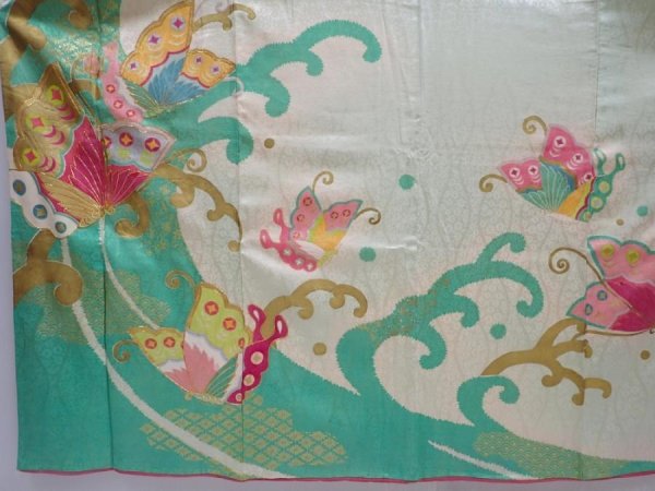 Photo5: 5911T10z930 Vintage Japanese Kimono Silk FURISODE Butterfly Celadon (5)