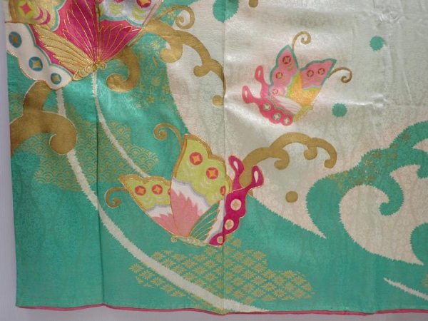 Photo6: 5911T10z930 Vintage Japanese Kimono Silk FURISODE Butterfly Celadon (6)