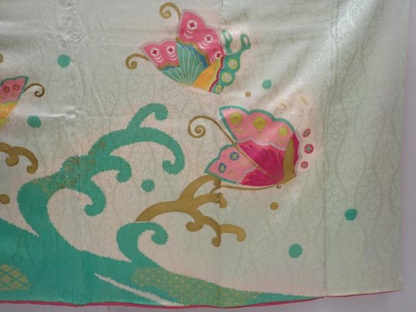 Photo7: 5911T10z930 Vintage Japanese Kimono Silk FURISODE Butterfly Celadon (7)