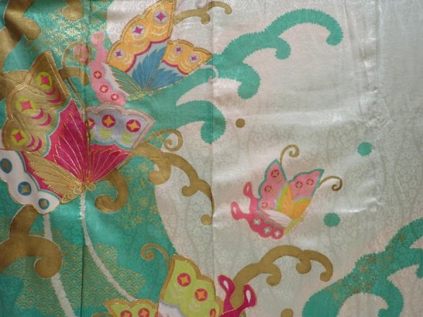 Photo8: 5911T10z930 Vintage Japanese Kimono Silk FURISODE Butterfly Celadon (8)