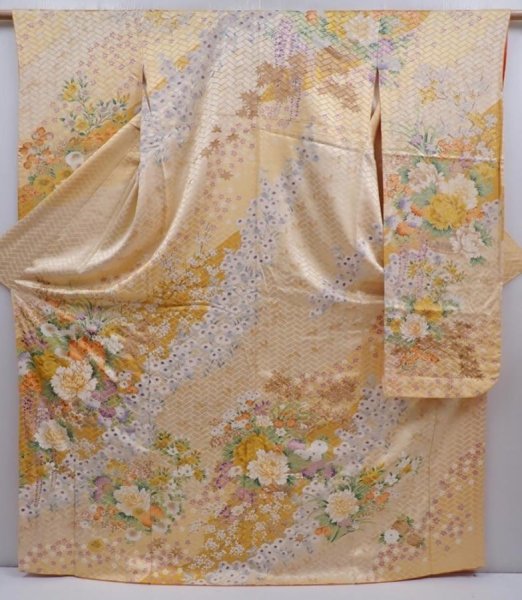 Photo1: 5911T11z1090 Vintage Japanese Kimono Silk FURISODE Flowers Cream (1)