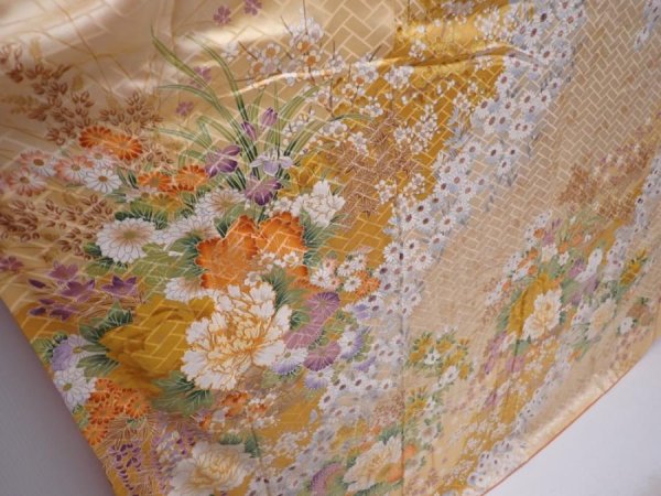 Photo3: 5911T11z1090 Vintage Japanese Kimono Silk FURISODE Flowers Cream (3)