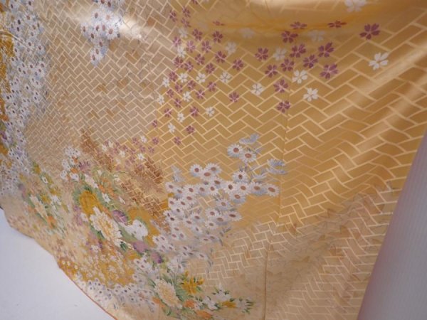 Photo4: 5911T11z1090 Vintage Japanese Kimono Silk FURISODE Flowers Cream (4)