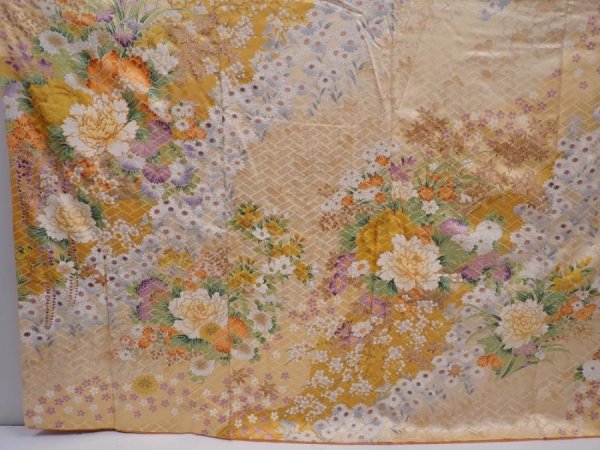 Photo5: 5911T11z1090 Vintage Japanese Kimono Silk FURISODE Flowers Cream (5)