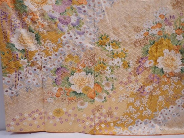 Photo6: 5911T11z1090 Vintage Japanese Kimono Silk FURISODE Flowers Cream (6)
