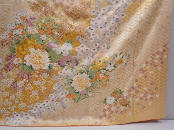 Photo7: 5911T11z1090 Vintage Japanese Kimono Silk FURISODE Flowers Cream (7)