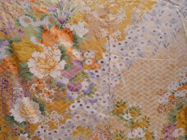 Photo8: 5911T11z1090 Vintage Japanese Kimono Silk FURISODE Flowers Cream (8)