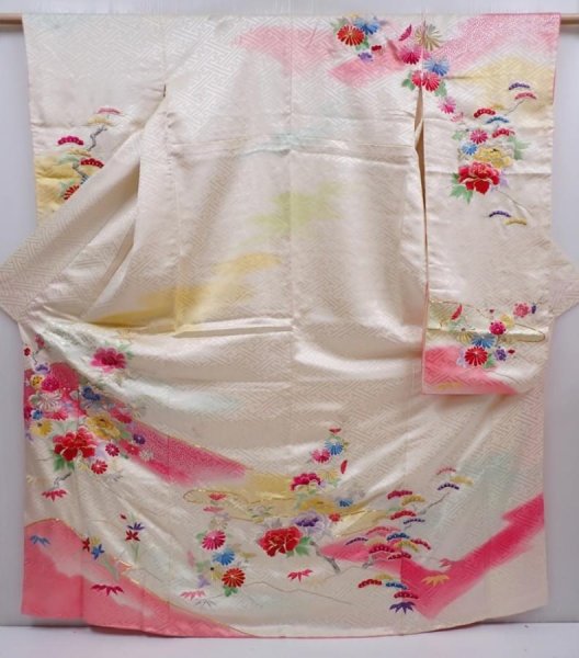 Photo1: 5911T12z1090 Vintage Japanese Kimono Silk FURISODE Peony Off-white (1)