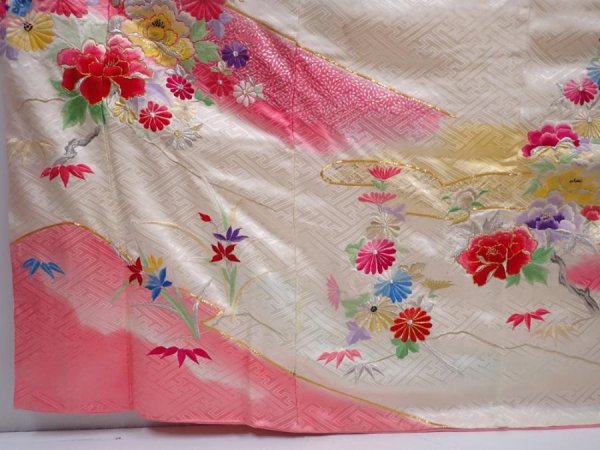 Photo6: 5911T12z1090 Vintage Japanese Kimono Silk FURISODE Peony Off-white (6)