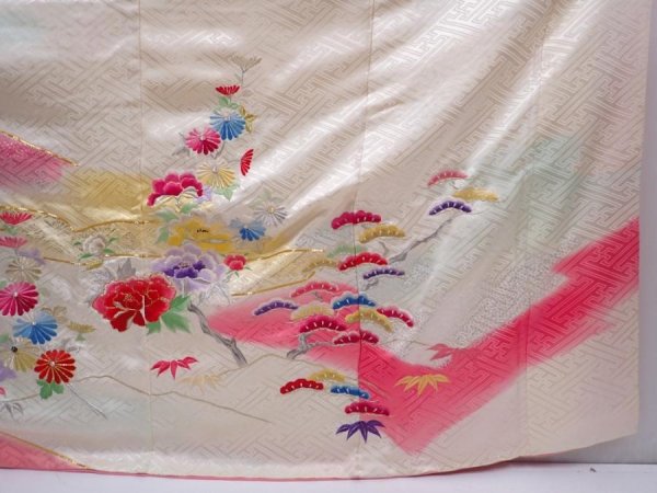 Photo7: 5911T12z1090 Vintage Japanese Kimono Silk FURISODE Peony Off-white (7)