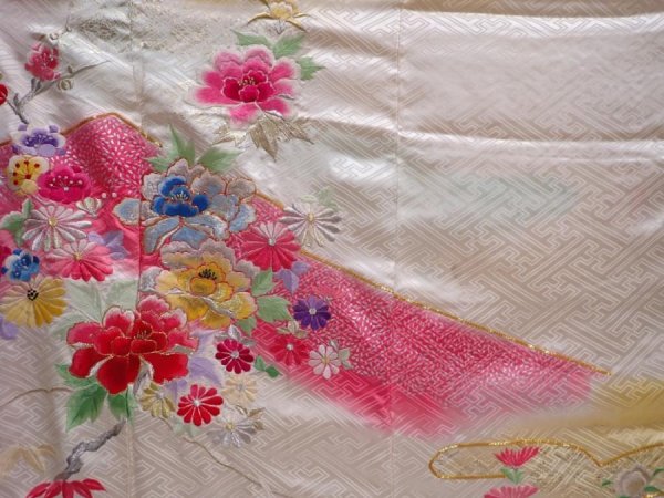 Photo8: 5911T12z1090 Vintage Japanese Kimono Silk FURISODE Peony Off-white (8)