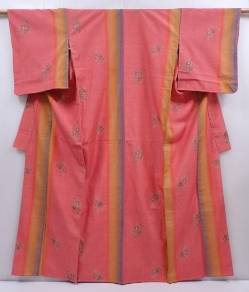 Photo1: 5911T14z840 Vintage Japanese Kimono Silk TSUMUGI Flower Coral pink (1)