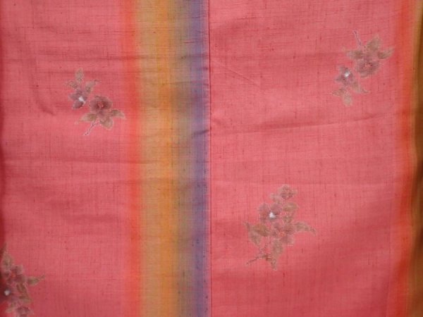 Photo5: 5911T14z840 Vintage Japanese Kimono Silk TSUMUGI Flower Coral pink (5)