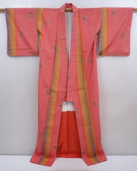 Photo8: 5911T14z840 Vintage Japanese Kimono Silk TSUMUGI Flower Coral pink (8)
