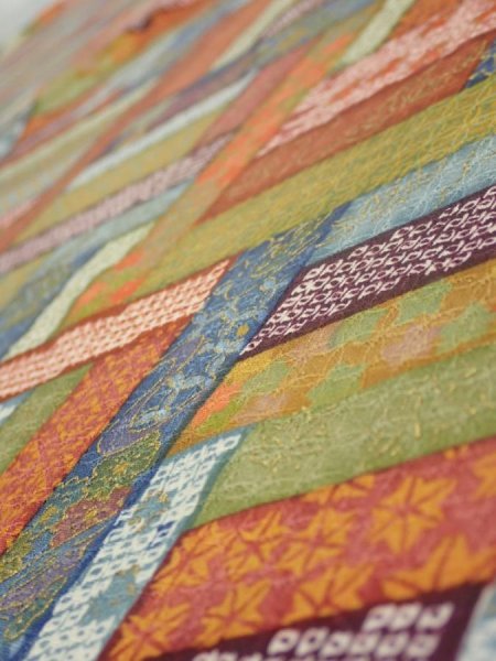 Photo4: 2U01z50  Japanese Kimono Silk  FABRIC  Red-Brown, Navy 41.7x14.4 (4)