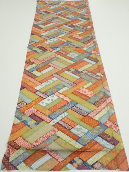 Photo5: 2U01z50  Japanese Kimono Silk  FABRIC  Red-Brown, Navy 41.7x14.4 (5)