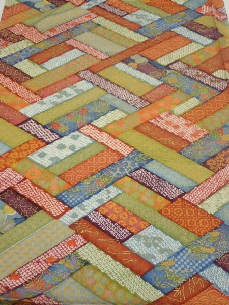 Photo1: 2U02z60  Japanese Kimono Silk  FABRIC  Red-Brown, Navy 41.7x14.4 (1)